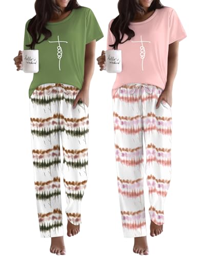 Image of Ekouaer 2 Pack Pajamas for Women Set Short Sleeve Sleepwear Top and Pants Pjs Soft Printed Lounge Sets with Pockets