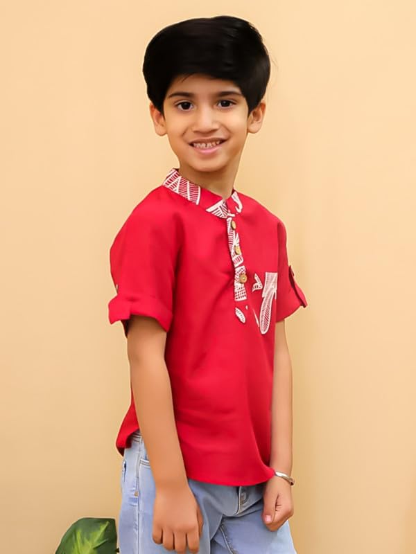 superminis Baby Boys Cotton Printed Kurta Shirt (12-18 Months, Maroon) 1