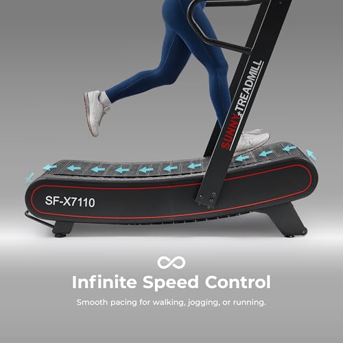 Image of Sunny Health & Fitness Smart Curved Manual Treadmill, Non-Motorized Self-Powered Running Machine, Heavy-Duty Commercial-Grade Endurance Training with 8-Level Magnetic Assistance, Adjustable Handlebar