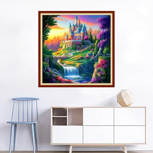 Image of Joyhoor Cross Stitch Kits for Beginners Stamped Cross-Stitch Supplies Needlework preprint Embroidery Kits for Adults DIY Needlepoint Kits Embroidery Patterns 11CT-Wonderland Castle 18x18 inchs