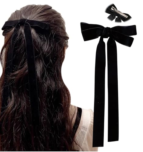 [Herbeluemily] ベロア リボン ヘアアクセ ヘアゴム クリップ バレッタ ヘアアレンジ ヘアアクセサリー ベルベット クリップタイプ ロング二重リボン ブラック HM-0072-R01-L-BK