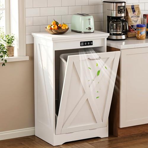 Betterhood Single 13 Gallon Tilt Out Trash Can Cabinet with Deodorising Function, Modern Farmhouse Wooden Hidden Garbage Bin Holder for Kitchen, Dining Room, Bathroom, White