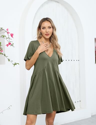 Image of Gozoloma Women Summer Short Sleeve Mini Dress Casual Loose V Neck Flowy Sundress Vacation Tshirt Sun Dress with Pockets