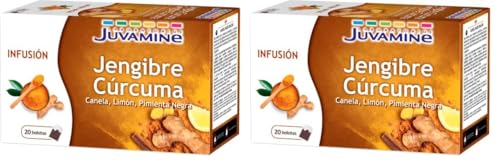 JUVAMINE - Infusión Jengibre Cúrcuma - 20 Bolsitas para el Bienestar Digestivo y Apoyo Inmunológico - Vitalidad - Canela - Limón - Pimienta Negra - Sin aromas añadidos (Paquete de 2)