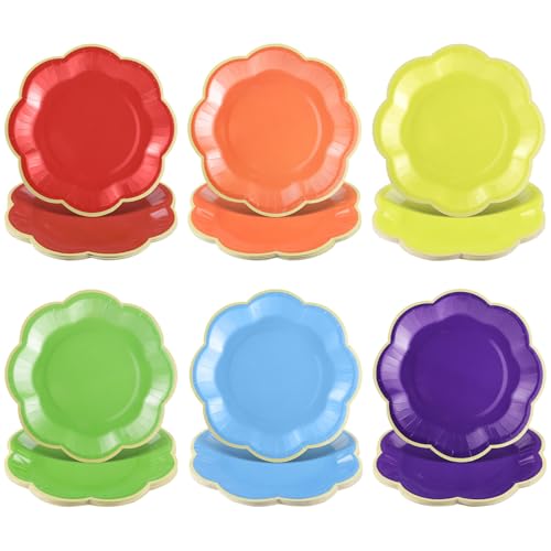 NatNarr 60 Pcs Colorful Paper Plates 7 In Disposable Dessert Plates with Gold Edge Scalloped Rainbow Party Plate for Wedding Birthday Baby Shower Bridal Party Supplies