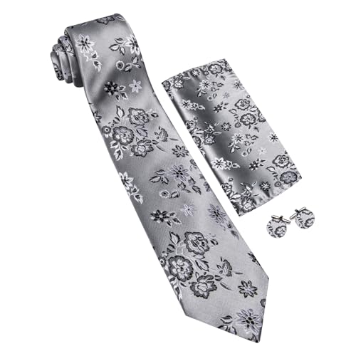 Image of Barry.Wang Flower Ties for Men Handkerchief Cufflinks Set Wedding Necktie Set Party