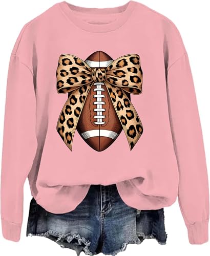 Football Sweatshirts For Women, Funny Football Bow Hooded Sweatshirt Game Day Sport Crewneck Long Sleeves Tops
