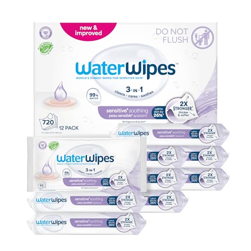 Image of WaterWipes Plastic-Free Soothing Clean 99% Water Based Botanical Baby Wipes, Unscented & Hypoallergenic for Sensitive Skin, 12 Resealable Packs (720 Wipes)