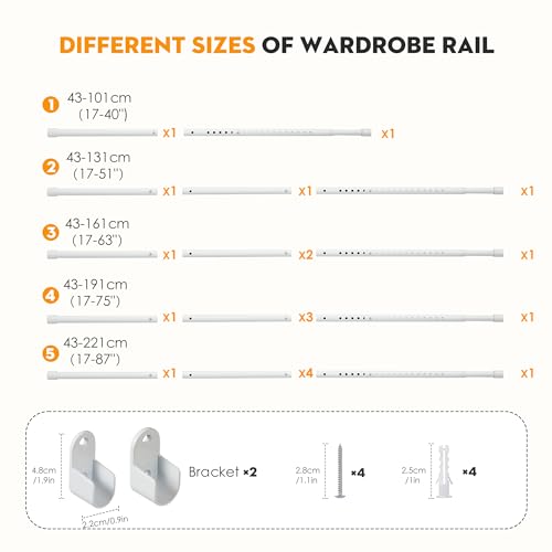 Clothes Rail Heavy Duty for Wardrobe White, 25 mm Wall-Mounted Oval Hanging Rail, Extendable Wardrobe Rail with 2 Brackets, 43-101 cm - Image 3