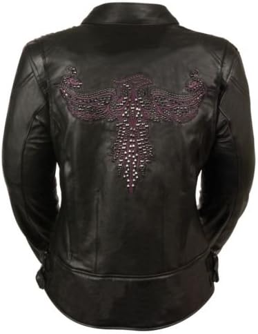 WOMEN'S MOTORCYCLE RIDING BLACK/PURPLE LEATHER JACKET W/PHOENIX STUDDING EMBROIDERY