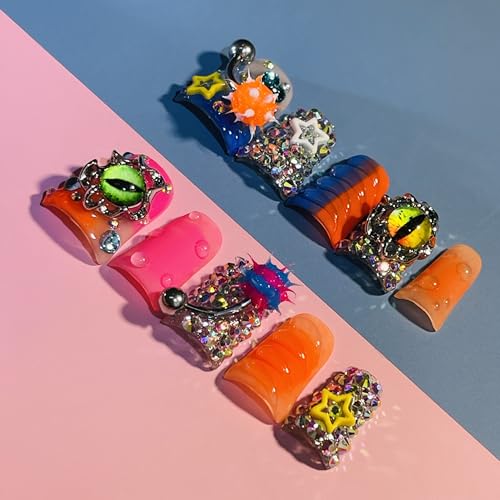 IntoVibes Handmade Short Duck Press On Nails, Orange Barbell Charm And Y2K, 10 Pieces Reusable Acrylic False Nails, Size Large — view 2