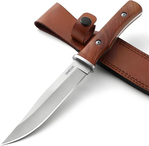 Omesio Couteau Survival Tranchant | Manche en Bois Robuste, Étui en Cuir – Idéal pour Camping Bushcraft, Couteau d’extérieur à lame fixe