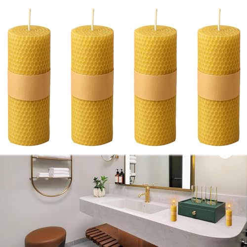 Beeswax Candles, Candle Wax, 4PCS Yellow Candle Sticks, Beeswax Candle Gift for Home, Handmade Natural Dinner Candles, Honeycomb Texture, Long Burning, Eco-Friendly