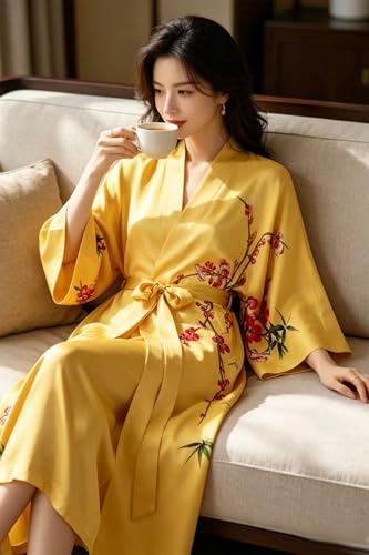 Image of Women's Classic 100% Silk Kimono Robe, Bathrobe-Printed Pattern