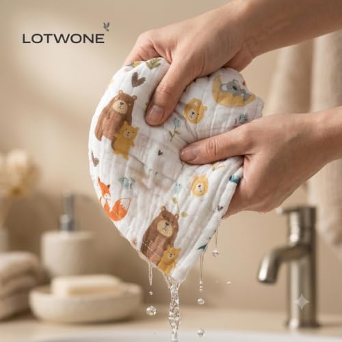 Image of 6 Layer Muslin Cotton Baby Wash Cloths Pack of 5, 25x25 cm | Soft Baby Face Towels for Newborns | Absorbent Reusable Burp Cloths, Feeding Wipes & Baby Napkins