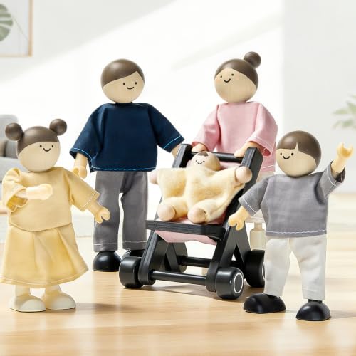 Tiny Land Wooden Dollhouse People Set 5-Piece Poseable Wooden Doll Family