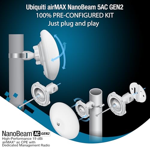 Image of Wireless Bridge NBE-5AC-GEN2 PRE-CONFIGURED Bundle of 2 Ubiquiti NanoBeam 5AC GEN2 with Two Poles - Outdoor Point-to-Point Wi-Fi Bridge, Plug and Play, 450+ Mbps Speed, 15+ km Range