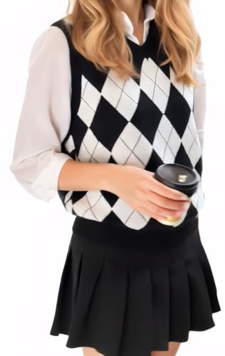 Image of SELINK Boys Girls V Neck Argyle Knit School Uniform Sweater Vest | Soft Cotton Polyester Blend Knitted Vest,Stockinette Stitch,Hand Wash Only For School Uniform Daily Wear