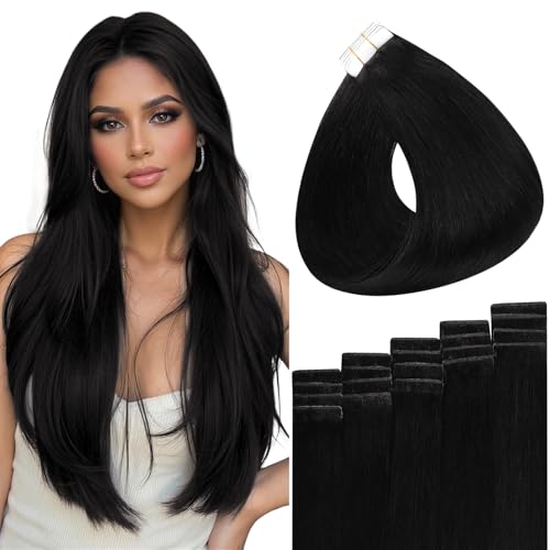 Image of Full Shine Tape in Hair Extensions Human Hair Invisible Hand Tied Weft Color 1 Jet Black Straight Remy Skin Weft Tape in Extensions Natural Seamless Brazilian Extension 20pcs 50g 20 Inch Add Length
