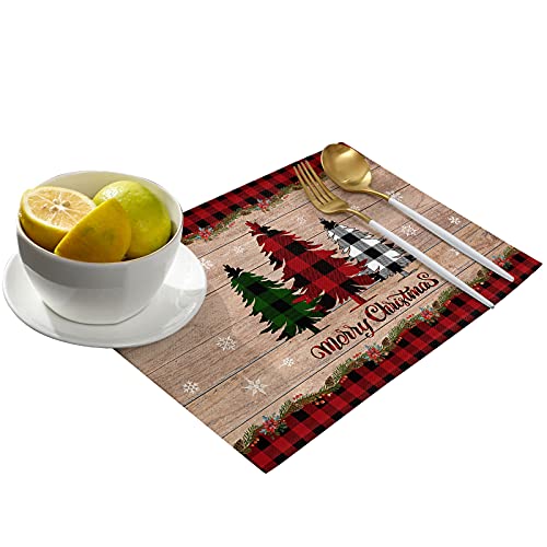 Artwork Store Merry Christmas Placemats Set Of 6,Cotton Linen Table Mats Non-Slip Washable Buffalo Plaid Farm Xmas Tree Snowflake Pine Tree Placemat For Holiday Party Dining Kitchen Table Decor #TOP1