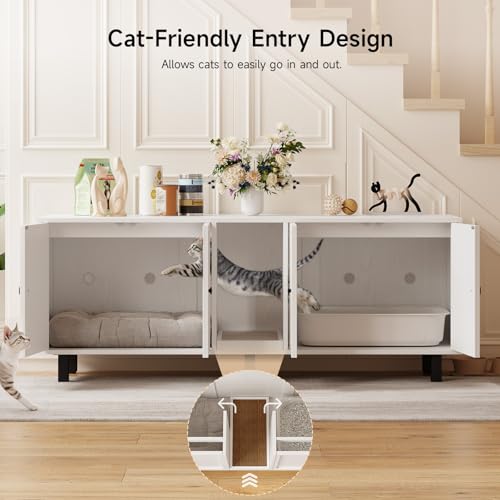 Image of ONBRILL 63 Inches Cat Litter Box Enclosure for 2 Cats, Hidden Litter Boxes Furniture with Cat Scratch Pad, Large Indoor Pet House with Double Room, Wooden TV Stand Side Table, Off White