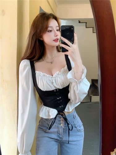 Image of ICW Women French Style Retro Vintage Lace-Up Layered Fake Two-Piece Puff Sleeve Ruffled Crop Blouse Corset Top Dn88