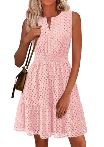 PRETTYGARDEN Womens Summer Dresses 2026 Sleeveless V Neck Eyelet Hollow Out Swing A Line Beach Vacation Sun Dress (Pink Small)