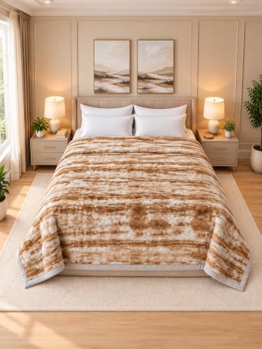 Image of Signature 3-Ply Faux Rabbit Fur Blanket King Size | Ultra Soft Heavy Weight Quilt-Feel Blanket | 6kg Luxury Winter Comforter for Bed Ideal for Heavy Winters (Caramel Strata)