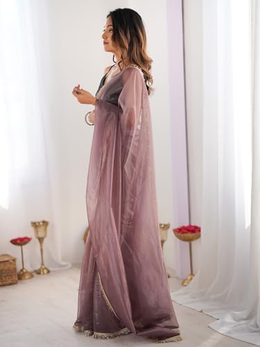 Image of AKHILAM Women's Shimmer Net Solid Saree With Unstitched Blouse Piece