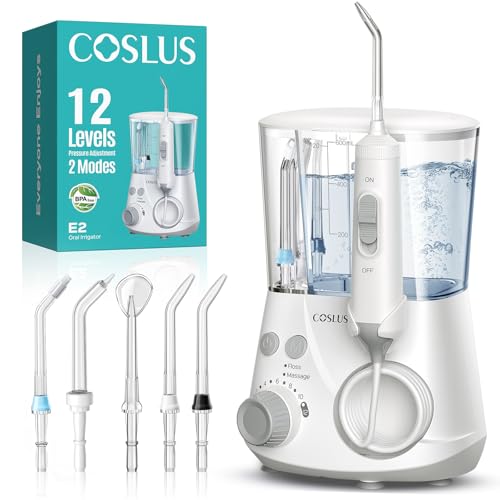 COSLUS Professional Water Flosser for Teeth: 2 Modes & 12 Pressure Settings Electric Dental Pick for Orthodontic, Braces, Sensitive Gums - Home Use, 5 Jet Tips for Multiple Users, Family, White, E2