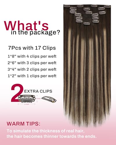 Image of Moresoo Human Hair Clip in Extensions Ombre Dark Brown to Caramel Blonde Hair Extensions Real Human Hair Clip ins Brown to Blonde Balayage for Women Long 120g /7pcs 24 inch