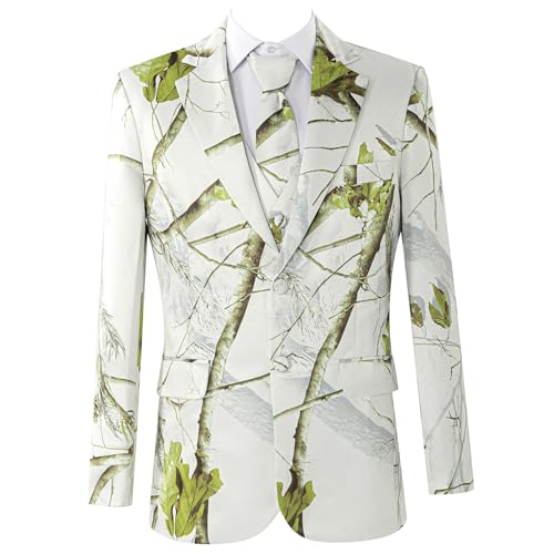 Men 2 Pieces Slim Fit Suit Set, Light Grey Printed Blazer Pants Set with Tie, Formal Notch Lapels Coat Tuxedo Set2