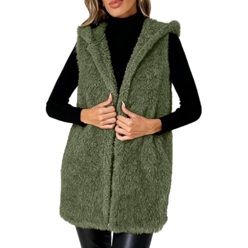 Womens Fuzzy Fleece Vest Hooded Longline Open Front Casual Winter Layering - image 1