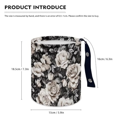 Image of Black White Rose Car Trash Can Cute Garbage Bin Hanging Portable Dustbin Bin Waste Basket Collapsible Small Trash Can Easy to Clean