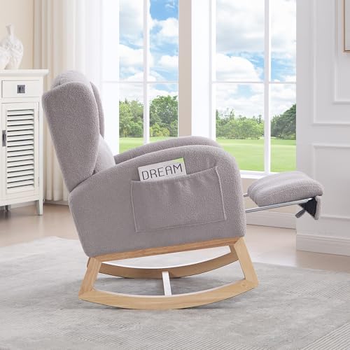 Miniatura 8 de Jcfeidqw Silla Mecedora, Sillón De Lactancia, Sillón Lounge Con Estructura De Madera, Reposapiés Ajustable, Respaldo Alto, Tela De Osito, Con Bolsillo, Cómodo Sillón Acento Para Dormitorio, Salón
