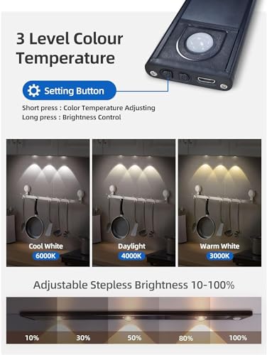 Image of One94Store 40cm Motion Sensor LED Light, Rechargeable 1200mAh Under Cabinet Lamp, Dimmable Wireless Stick-On Lighting for Closet, Kitchen, Wardrobe & Stairs (Pack of 3, Warm White)