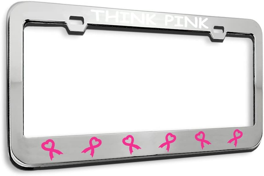 Speedy Pros Metal License Plate Frame Think Pink Breast Cancer Ribbons Hot Pink Metal Tag Holder Car Accessories Stainless Steel 2 Holes 1 Frame