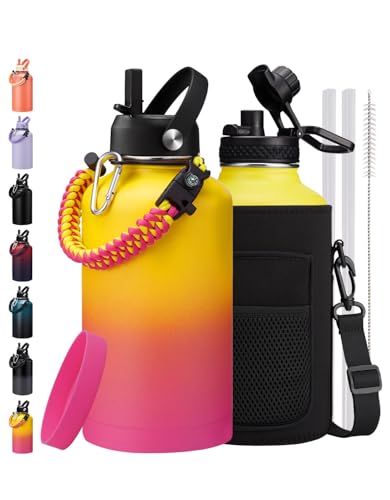 Image of 64oz /Half Gallon Insuated Water Bottle, (Keep Cold 48H), Leak Proof Food-Grade Stainless Steel Water Jug With Straw Lid and Atuo Spout Lid, Portable Paracord Handle & Carrier Bag Yellow Rose-red