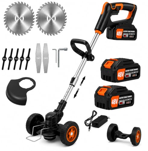 Image of Cordless Grass Cutter Machine for Garden | Weed Cutting Tool | Easy Storage with Adjustable Height & Foldable Handle | 2 x 48V Battery | 25cm Cutting Width | 3 x Heavy-Duty Blades (Old-Black)