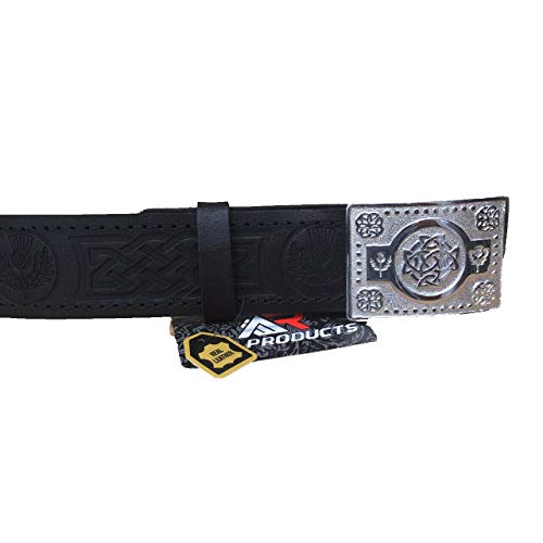 AAR Black Leather Thistle Design Scottish Highland Kilt Belt With Chrome Finish Buckle2