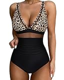 SUUKSESS Women Slimming Tummy Control One Piece Swimsuits Sexy Mesh High Waisted Monokini Bathing Suits (Leopard, L)