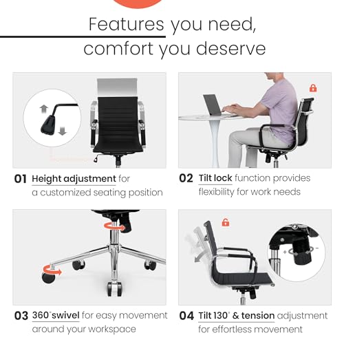 NEO-CHAIR-Office-Chair-Reception-Guest-Desk-Chairs-Conference-Ergonomic-Mid-Back-Leather-Modern-Executive-Ribbed-Height-Adjustable-Swivel-Rolling-Home-PU-Computer-2-Black