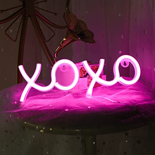 ENUOLI Neon Lights for Bedroom, XOXO Pink Neon Sign USB Battery Powered Neon Sign Wall Decorations Home Decor Led Sign for Living Game Room Bar Party Neon Wall Decor Valentine's Gift
