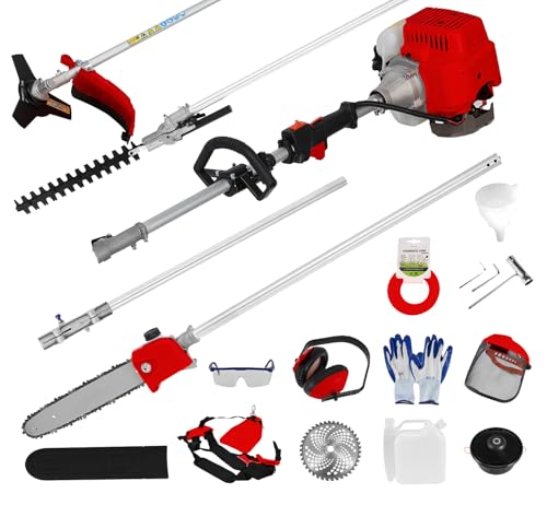 Gas Power Hedge Trimmer, 52CC Multi-Functional Petrol Weed Wacker Gas String Trimmer/Edger Backpack Pole Saw Trimmer Brush Cutter Weed Eater Gas Powered Lawn Trimmer Red (Red 5IN1)