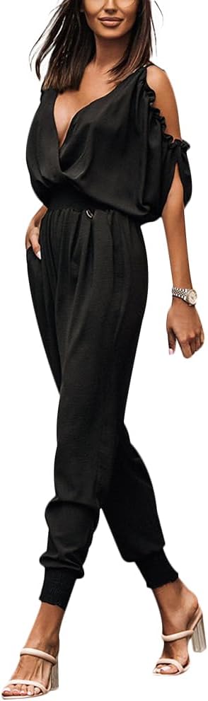 Gediffwer Women's Elastic Waist Pocket Jumpsuit Casual Summer V-neck Cold Shoulder Jumpsuit