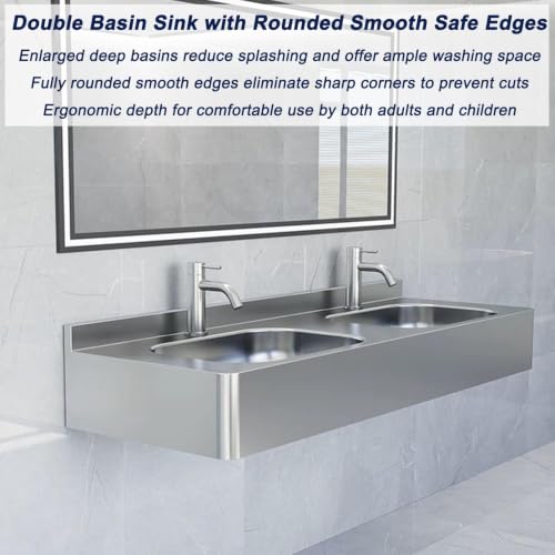 Lavabo comercial de doble cubeta con canal rectangular flotante para pared 5