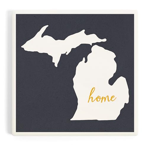 Michigan, Home State, White on Gray (Absorbent Ceramic Coaster, Single, Cork Back, Kitchen Table Decor)