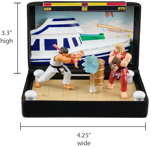 Image of Console Heroes Super Street Fighter II Collectible Diorama - Mini Ryu & Ken Figures with Dock Stage Scene - Retro SEGA Genesis Cartridge Display & Playset