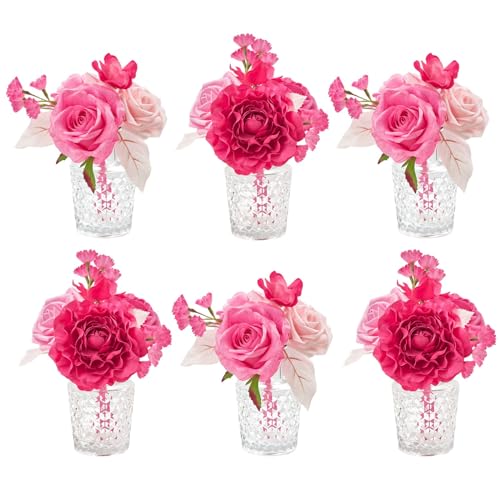 TINGE TIME Wedding Centerpieces Table Decorations, Set of 6, Hot Pink Rose Artificial Flowers Wedding Mini Flowers Bouquets Pre-Made Mini Floral for Dessert Desk Home Decor