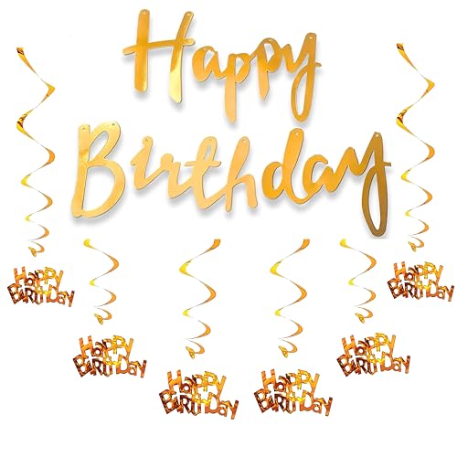 Quirki Happy Birthday Gold Hanging Swirl Decorations and Banner Set Birthday Decor,Party Supplies (Gold With Banner)